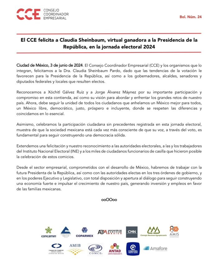karlaiberia's tweet photo. Consejo Coordinador Empresarial emite felicitación a @Claudiashein https://t.co/iMJhiT2qdO