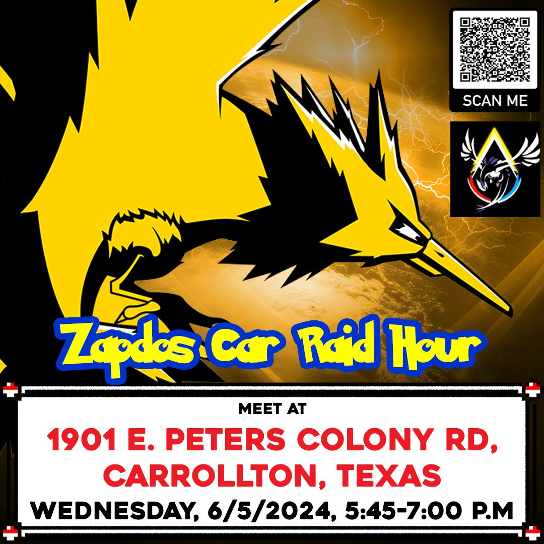 ATPTPodcast's tweet image. 🚨Carrollton Raid Hour🚨

Join the A.C.FB Campfire community for Raid Hour where they drive between different gyms to do Zapdos Raids!

Meet at the listed address: 1901 E. Peters Colony Rd, Carrollton, Texas, 75007 

#PokemonGO #CarrolltonTX