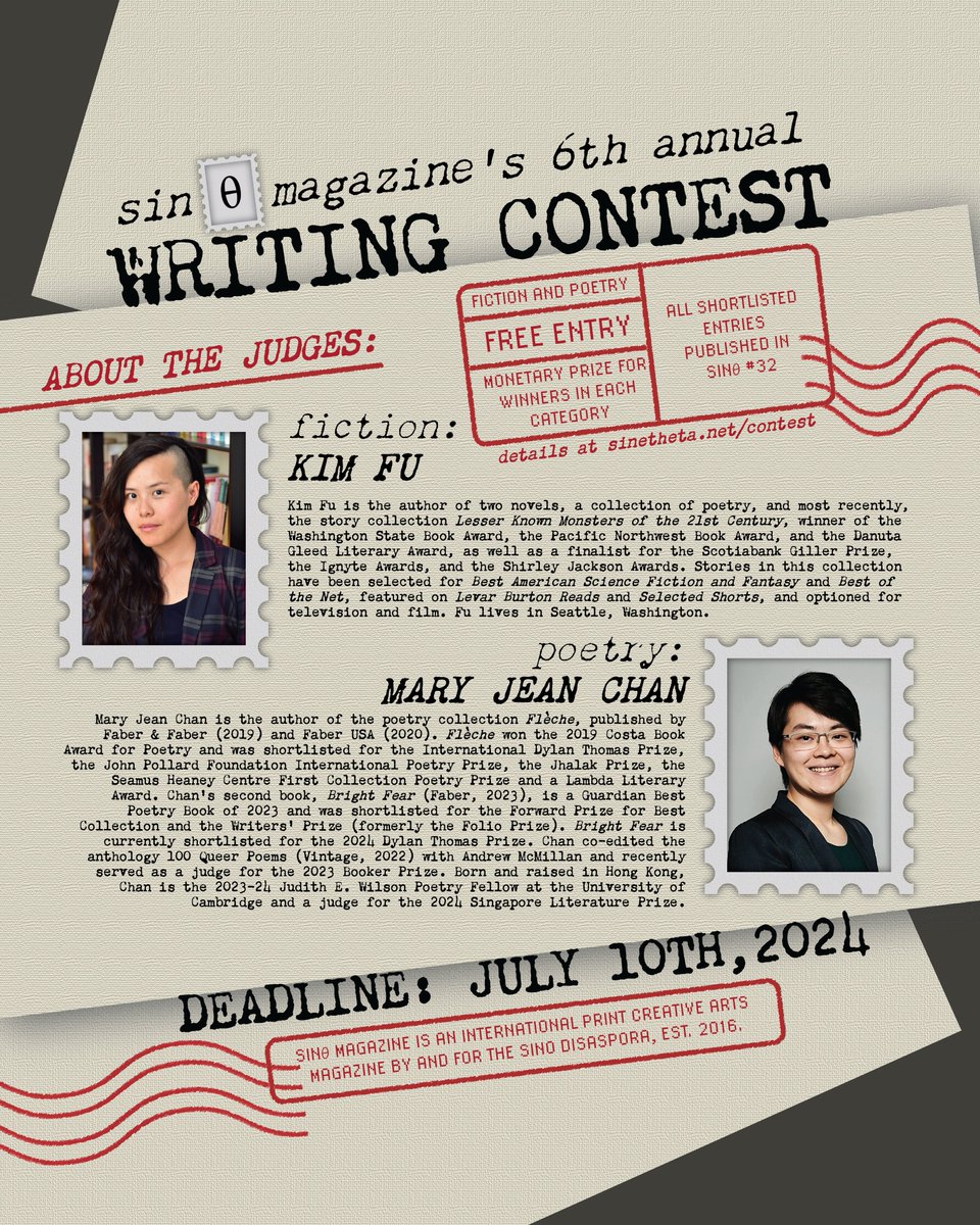 sinθ magazine 🌱 issue 33 out now! (@sinethetamag) on Twitter photo sinθ magazine's annual writing contest is now open! 🥳
Submit by 10 JULY 2024. Judges for 2024 are Kim Fu (fiction) and <a href="/maryjean_chan/">Mary Jean Chan</a> (poetry). Winners in both categories will receive $150 USD and publication in sinθ #32. Entry remains free.
More info: sinetheta.net/contest sinθ magazine's annual writing contest is now open! 🥳
Submit by 10 JULY 2024. Judges for 2024 are Kim Fu (fiction) and <a href="/maryjean_chan/">Mary Jean Chan</a> (poetry). Winners in both categories will receive $150 USD and publication in sinθ #32. Entry remains free.
More info: sinetheta.net/contest