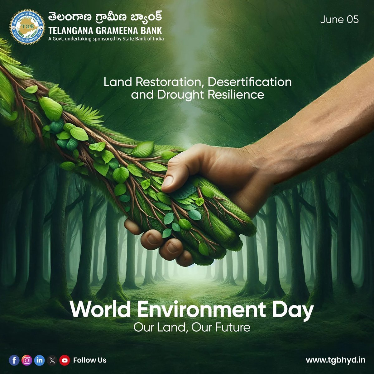 OfficialTGBHYD's tweet image. The theme of World Environment Day 2024 is 'Land Restoration, Desertification and Drought Resilience'.

The slogan of this event will be “Our Land, Our Future. We are Generation Restoration.”

#environment #nextgenerations #CleanIndiaGreenIndia #TGB #TGBTalks #TGBCares #SBI