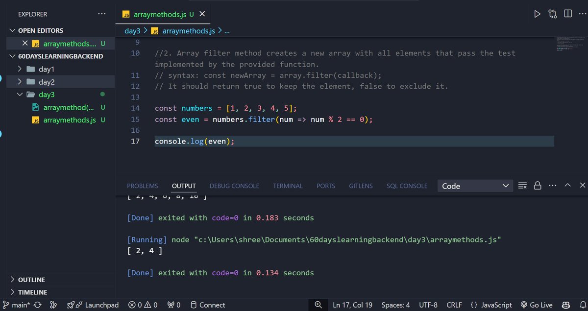 ShreejanLamich1's tweet photo. 🚀 Day 3 of my #60DaysOfLearningBackend2024 in Node.js challenge! Explored array methods in JavaScript: map, filter, and reduce. Practiced transforming, filtering, and aggregating data. Loving the power of these methods! 💻 #LSPPD3, #60DaysOfLearning2024 #LearningWithLeapfrog https://t.co/ngv7R8UbXF