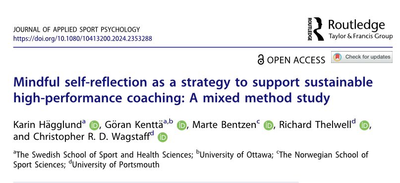 Karin Hägglund (@karinhagglund) on Twitter photo New publication! We saw that self-reflection has potential to enhance self-compassion among top coaches and provide valuable insights into risk factors & resources for sustainable coaching.
🙏G. Kenttä, M. Bentzen, @rcthelwell <a href="/wagstaffchris/">Chris Wagstaff</a>
Open Access at @JAppSportPsych
Link👇 New publication! We saw that self-reflection has potential to enhance self-compassion among top coaches and provide valuable insights into risk factors & resources for sustainable coaching.
🙏G. Kenttä, M. Bentzen, @rcthelwell <a href="/wagstaffchris/">Chris Wagstaff</a>
Open Access at @JAppSportPsych
Link👇