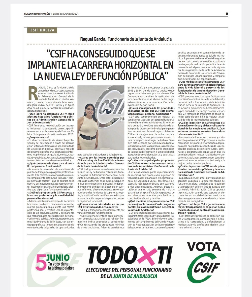 CSIFHuelva's tweet photo. 🗳 Este miércoles 5 de junio, tienes una cita con las urnas si eres funcionario/a de la @AndaluciaJunta. 

Aquí abajo puedes leer una entrevista a Raquel García, delegada de AGJA de @CSIFHuelva y actual presidenta de la Junta de Personal de la Junta de Andalucía en Huelva. https://t.co/mKcjRWcdCX