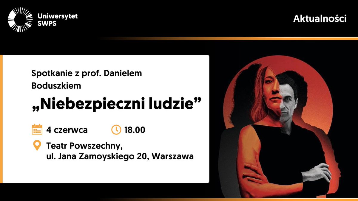 SWPS University (@swpsuniversity) on Twitter photo Zapraszamy na spotkanie „Niebezpieczni ludzie” z udziałem prof. Daniela Boduszka z #USWPS. Odbędzie się ono przed premierą spektaklu „Metoda na serce. Śledztwo” w <a href="/TeatrPowszechny/">Teatr Powszechny</a> realizowanego przy współpracy z @magazynpismo
✅bit.ly/4bYbzAf Zapraszamy na spotkanie „Niebezpieczni ludzie” z udziałem prof. Daniela Boduszka z #USWPS. Odbędzie się ono przed premierą spektaklu „Metoda na serce. Śledztwo” w <a href="/TeatrPowszechny/">Teatr Powszechny</a> realizowanego przy współpracy z @magazynpismo
✅bit.ly/4bYbzAf