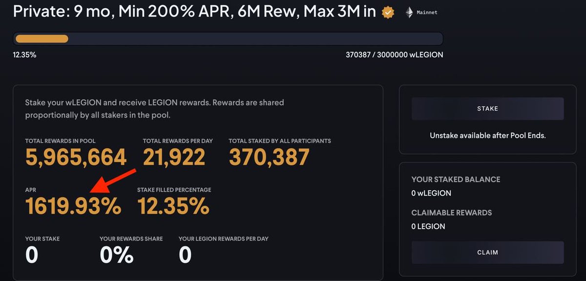 Legion_Ventures's tweet image. $LEGION UPDATE:

🔸Pre-TGE staking closes in 2 weeks, but we&apos;ve made things better. 

🔸You can now follow real-time APR for each staking pool.

🔸 Each staking pool has a guaranteed minimum APR 

🔸Pre-TGE Staking Rewards &amp;gt; Post-TGE Staking Rewards

More details:…