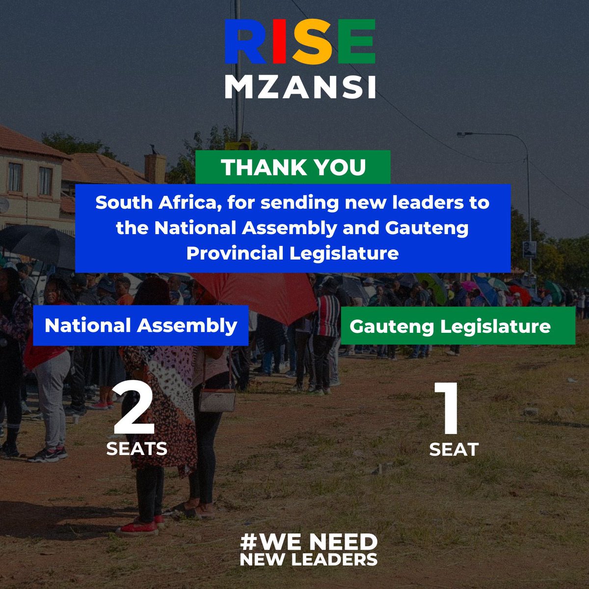Rise_Mzansi's tweet image. Thank you, South Africa, for giving RISE Mzansi’s new leaders a mandate to serve.

We will be sending two representatives to Parliament and one representative to the Gauteng Provincial Legislature.

This was a tough election and our very first one, and we are proud of this…