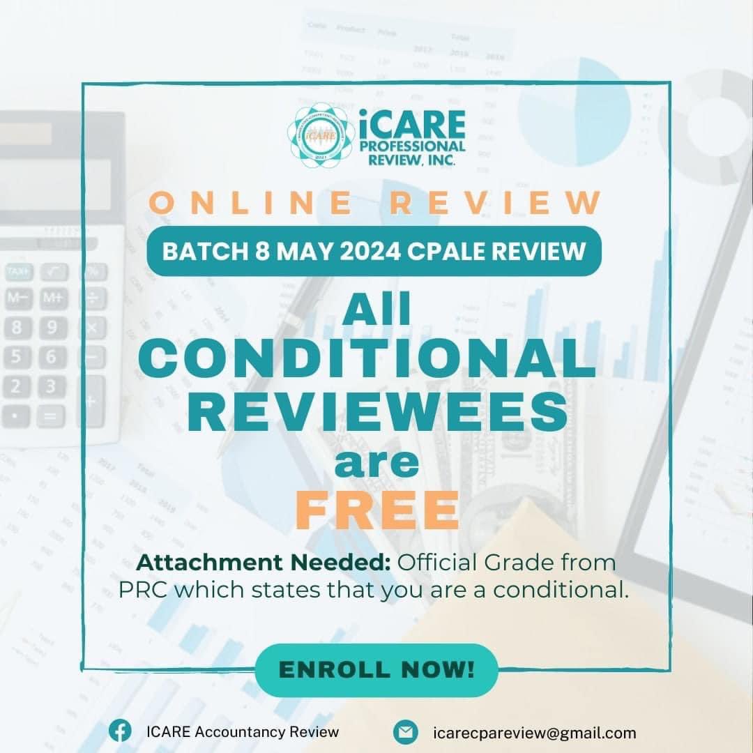 LacoReginald's tweet photo. As part of iCARE's Corporate Social Responsibility, all conditional examinees/reviewees are free to enroll for Batch 9 October 2024 CPALE. Just attach your official grade from PRC in the google registration/enrollment form. https://t.co/Twu6TKatYi