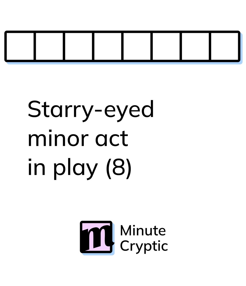 Cryptic crossword clue #17: Starry-eyed minor act in play (8)

Clue explanations: tiktok.com/@minutecryptic