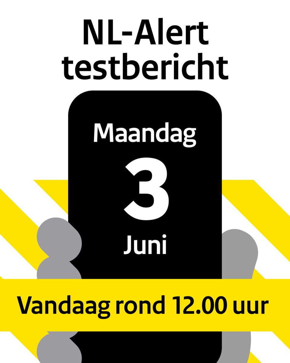 Vandaag rond 12.00 uur ontvang jij een NLAlert testbericht op je mobiele telefoon. Je hoort dan een doordringend alarmgeluid. Let op: dit kan hard klinken als je oordopjes of een koptelefoon gebruikt.

Meer info 👉 nl-alert.nl/testbericht