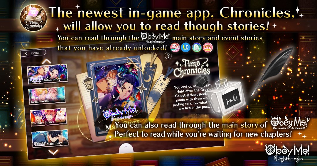 ObeyMeNB's tweet photo. Karasu: Each story you experience in the Devildom is a new memory with them.
Do you ever wish to relive those memories again? Wait no more! The newest in-game app, "Chronicles," will make that wish come true!
Pretty snazzy intro, huh?

#ObeyMeNightbringer #Obeyme #ObeyMeNB https://t.co/tVvh2MYvJQ