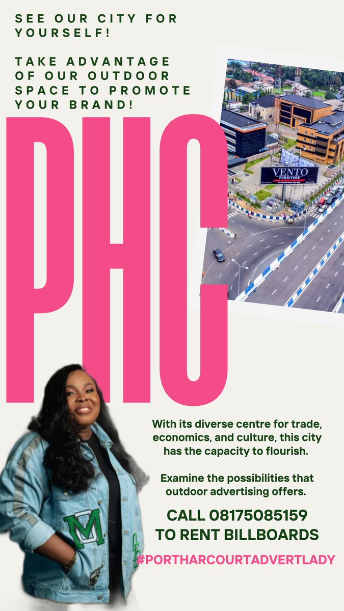 With its diverse centre for trade, economics, and culture, this city has the capacity to flourish. 
Explore the possibilities that outdoor advertising offers through me here in Rivers State.

Kindly call/WhatsApp me on 08175085159.

  #portharcourtadvertlady #riversstate