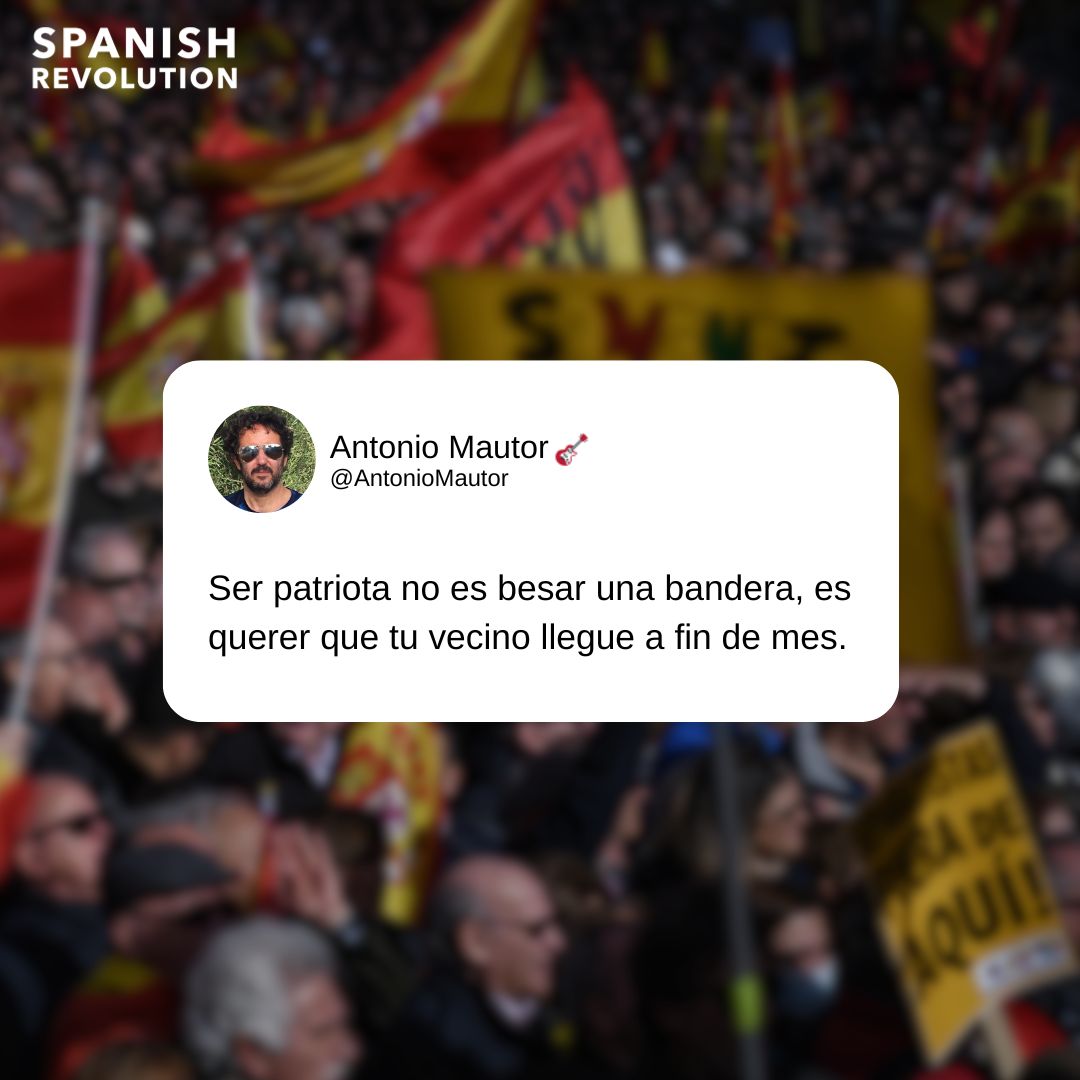 Spanish_Revo's tweet photo. Ser patriota no es besar una bandera, es querer que tu vecino llegue a fin de mes. @AntonioMautor 

A vosotras y vosotros, ¿qué os parece que es ser patriota? https://t.co/E5chiF4L3c