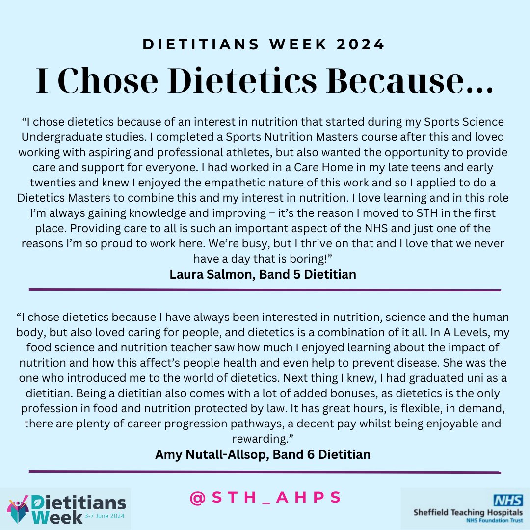STH_AHPs's tweet photo. We are celebrating Dietitians Week 2024! 🥳

Hear why our dietitian’s at STH chose this exciting career path!

Check back to hear from other dietitian’s journeys into dietetics later in the week 😁

@BDA_Dietitians @SheffieldHosp https://t.co/wZrnEmuekU