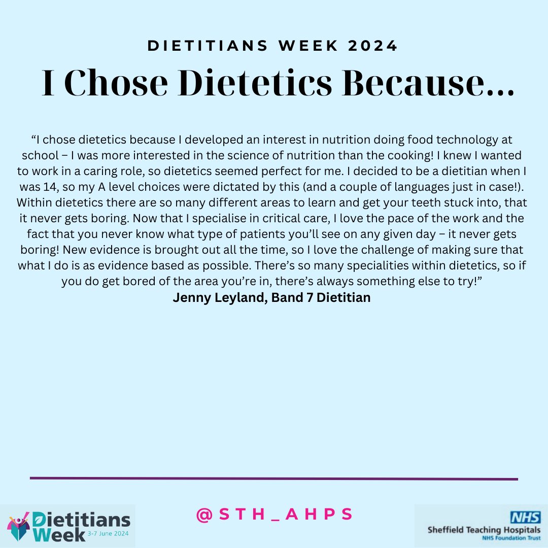 STH_AHPs's tweet photo. We are celebrating Dietitians Week 2024! 🥳

Hear why our dietitian’s at STH chose this exciting career path!

Check back to hear from other dietitian’s journeys into dietetics later in the week 😁

@BDA_Dietitians @SheffieldHosp https://t.co/wZrnEmuekU