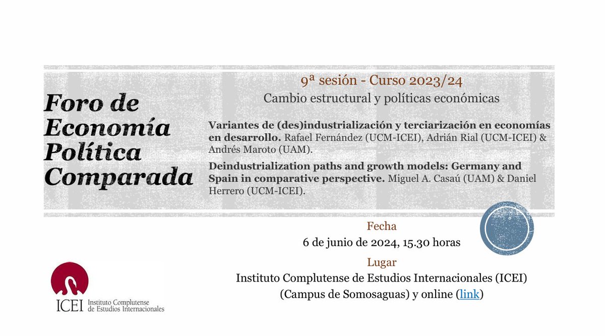 Este jueves 6 de junio, Foro EPC del ICEI👇 
📢9ª Sesión Foro EPC 
📚Variantes de (des)industrialización y terciarización en economías en desarrollo
📆06/06/2024
⏰15:30 h   
📍ICEI y online 
🔗teams.microsoft.com/dl/launcher/la…
