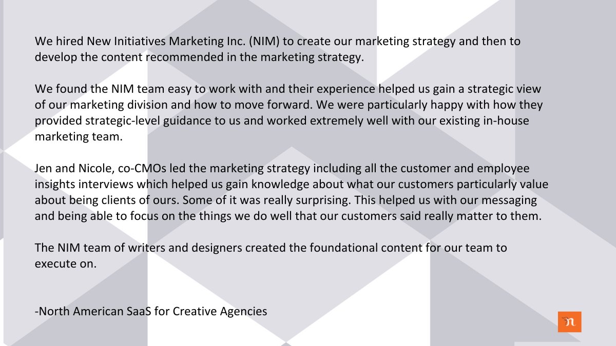 newimarketing's tweet photo. Client Testimonial: like many of our clients, this was a fun and really smart group to work with.
"We hired NIM to create our marketing strategy and to develop the content recommended in the marketing strategy."
#fractionalCMO
#b2btechnology
#b2bmarketing
#wbeCanada https://t.co/QKDt53rQHJ