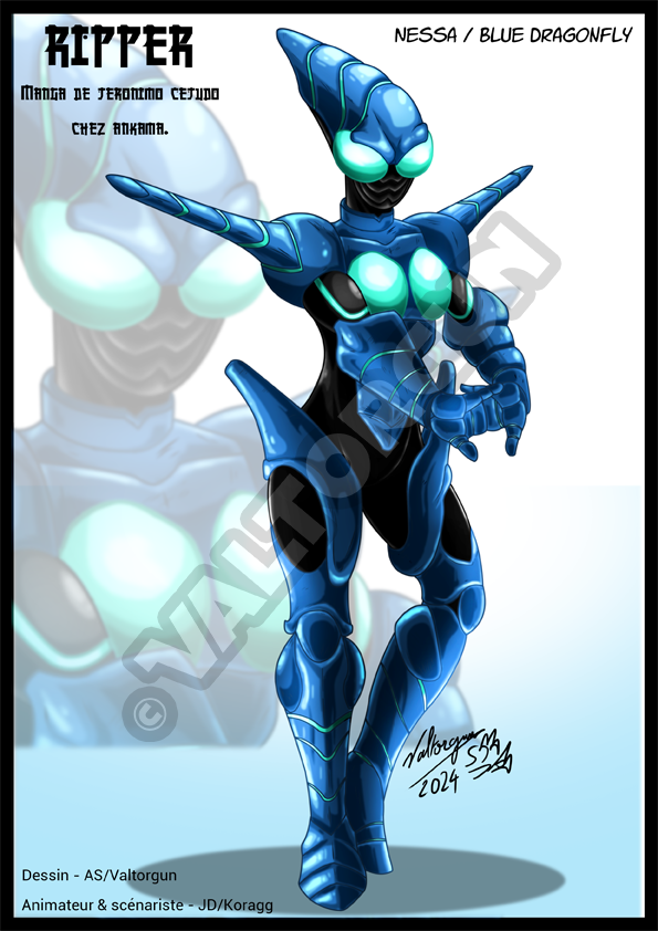 ParlonsMangaFR's tweet photo. Joyeux anniversaire au manga Ripper  
Superbe fan-art de Nessa/Blue Dragonfly issue du manga Ripper, création originale Francophone axée Tokusatsu de l'auteur/mangaka @Jero_CJD chez @AnkamaEditions  Réalisé avec @valtorgun durant TokuDraw.
#itsrippertime #ripper #mangas https://t.co/QO2PXinZY9