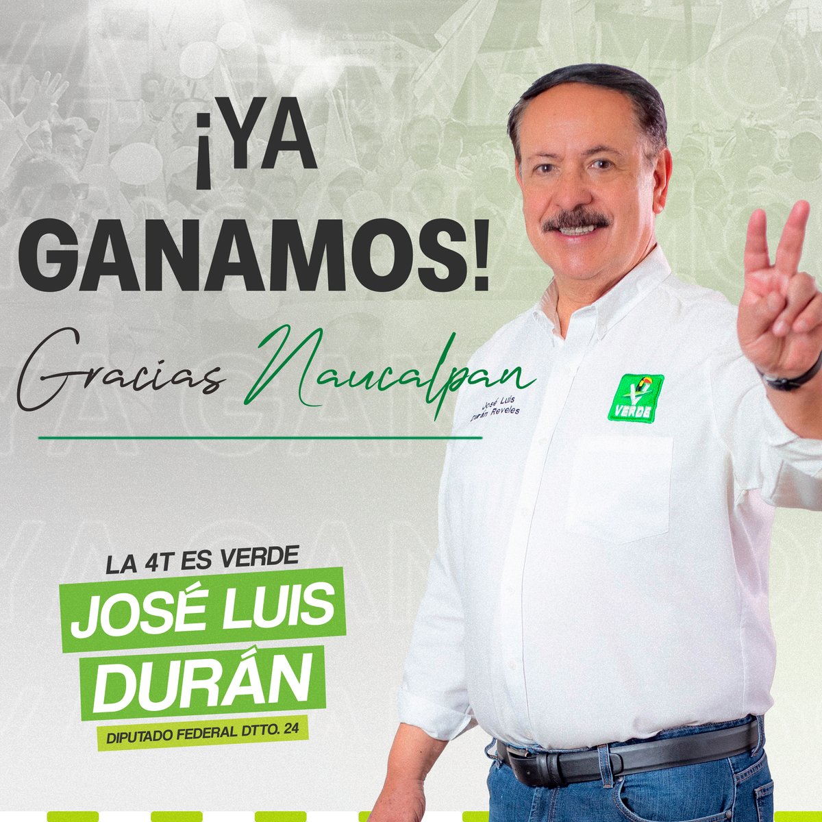 JLDuranMex's tweet photo. ¡Gracias #Naucalpan! Hoy hemos hecho historia juntos. Este triunfo es de cada uno de ustedes que soñó con un futuro mejor para nuestro #Distrito24. Vamos a trabajar incansablemente con la Familia Verde para cumplir nuestras promesas y construir el país y municipio que merecemos. https://t.co/B1XJaRu1PC