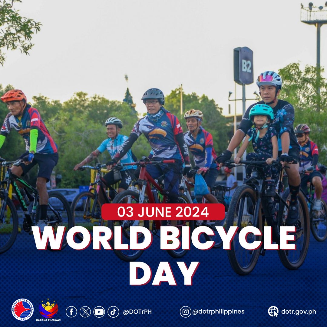 DOTrPH's tweet photo. The DOTr, at the forefront of pushing for active transport, joins everyone in celebrating the World Bicycle Day today!
May we continue to pedal together towards a sustainable, safer, and greener future for all!
#DOTrPH๐ต๐ญ #WorldBicycleDay2024 #ActiveTransport #RoadSectorWorks https://t.co/5IpjUxqlla