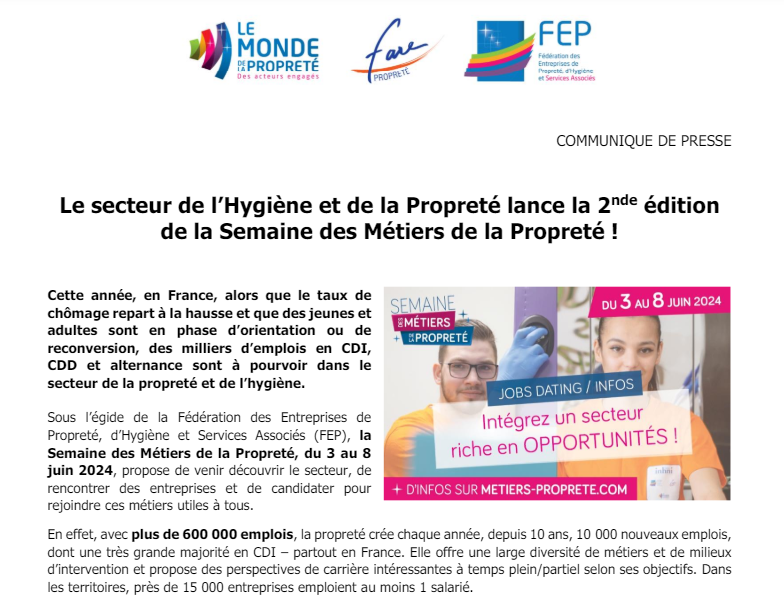 [COMMUNIQUE DE PRESSE] Top départ de la 2nde édition de la Semaine des Métiers de la Propreté du 3 au 8 juin 2024 partout en France ! Retrouvez notre communiqué de lancement ! ➡️federation-proprete.com/wp-content/upl…