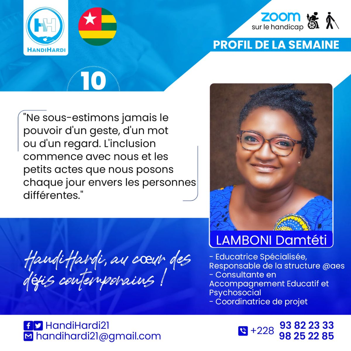 Pour ce lundi 03 juin 2024, #HandiHardi met la lumière sur le message très inspirant d'une grande dame,Mme LAMBONI Damtéti du #Togo.

Dans notre monde diversifié,il est essentiel de reconnaître l'importance des petits gestes et des paroles dans la promotion de l'inclusion des #PH