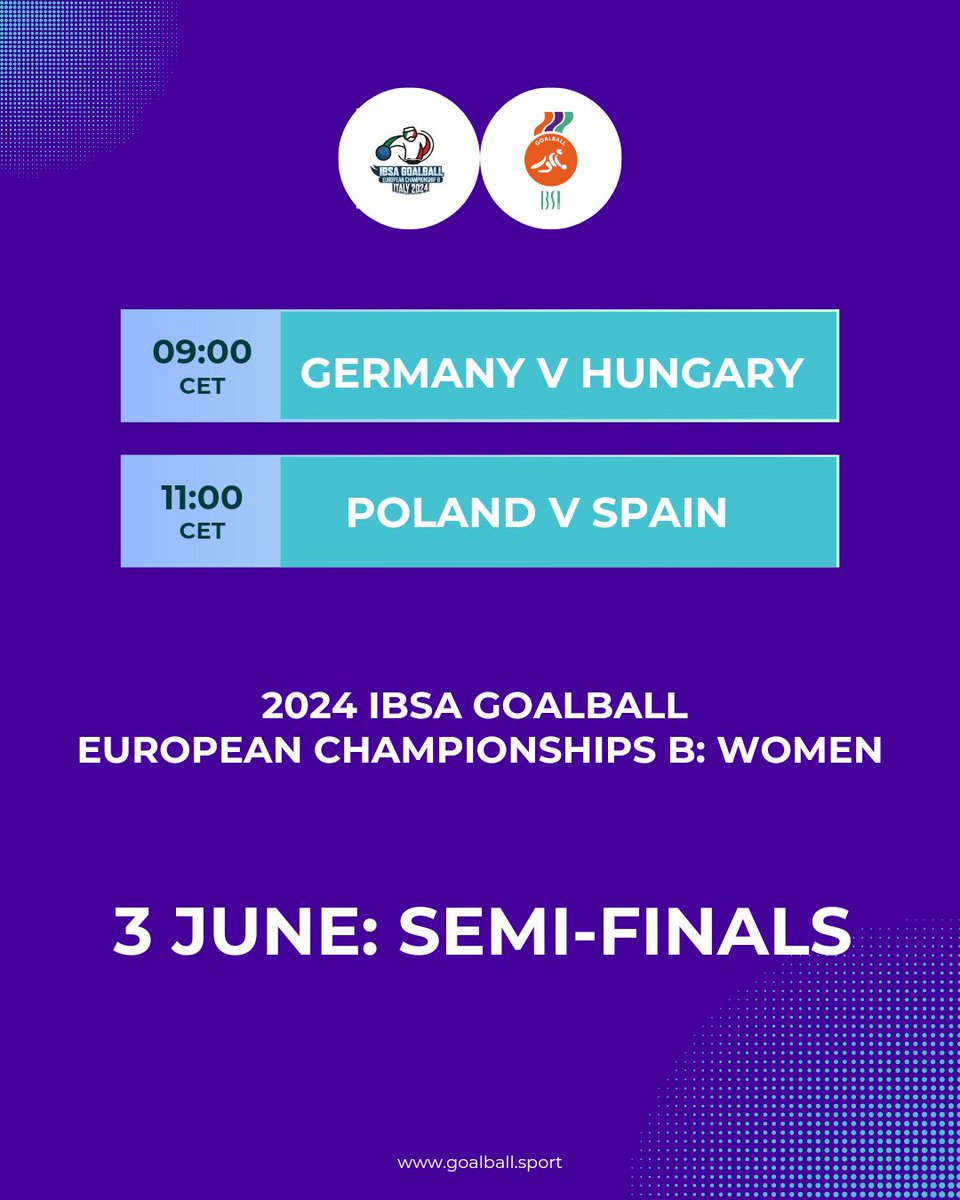 #Goalball (@ibsagoalball) on Twitter photo By the end of today, we'll know who will play for the women's European Championships B title 💪
09:00 CET: Germany v Hungary
11:00 CET: Poland v Spain
Watch live at goalball.sport By the end of today, we'll know who will play for the women's European Championships B title 💪
09:00 CET: Germany v Hungary
11:00 CET: Poland v Spain
Watch live at goalball.sport