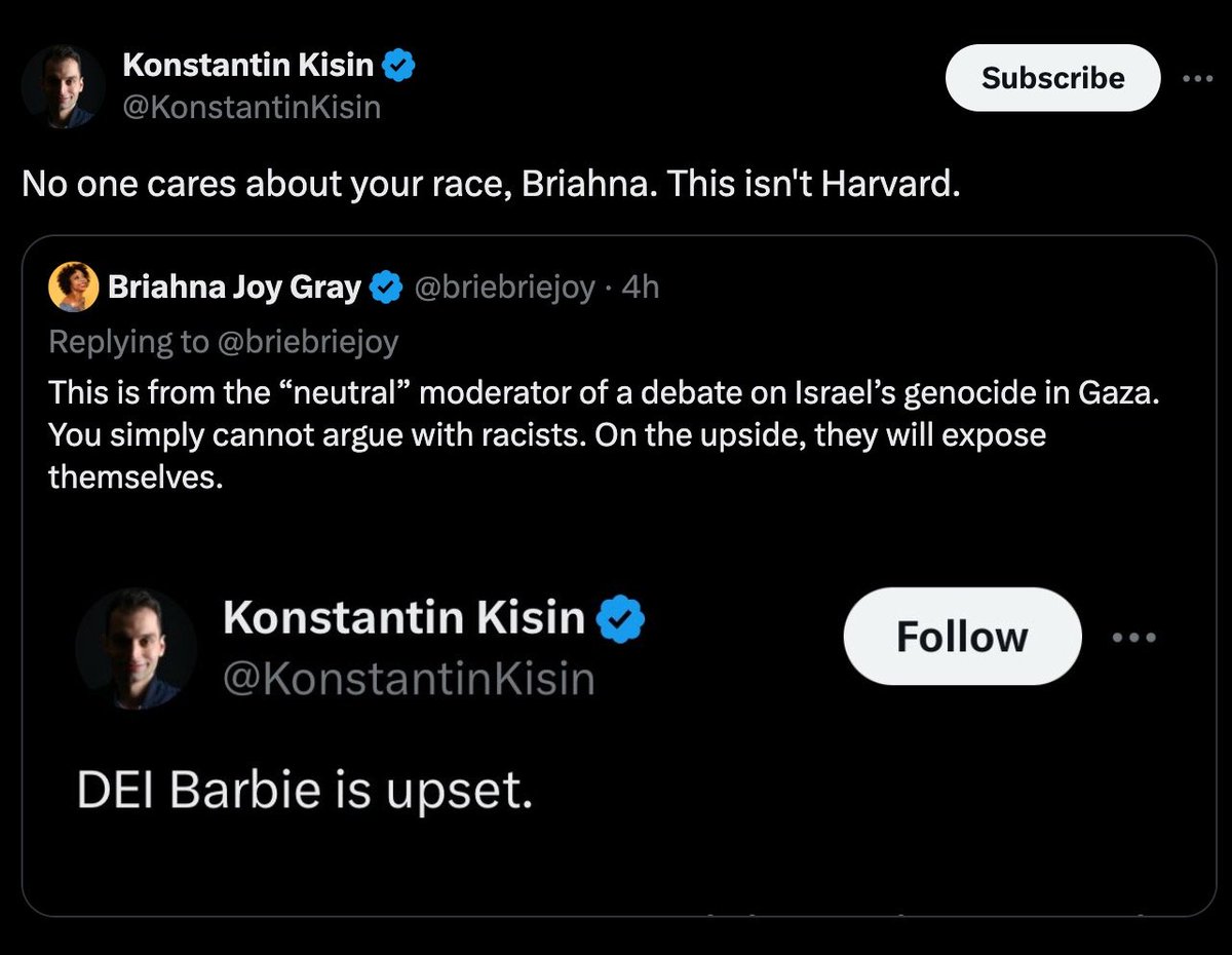 I mean this is actually astonishing. Like 'disbelieve your own lying eyes' level stuff: I don't care about your race I called you DEI Barbie for some race neutral reason! His whole schtick is pretending to be 'apolitical' while that is obviously false so maybe it comes naturally.