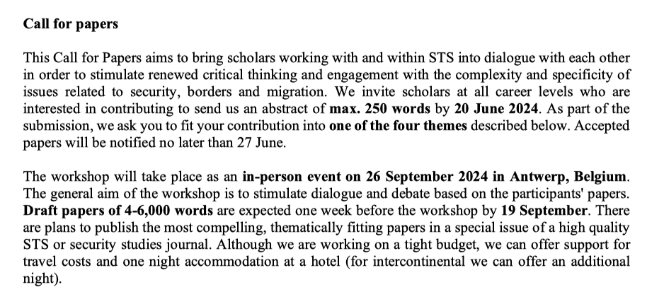 Call for papers! 📰

Stephan Scheel and I are organising a workshop at the University of Antwerp to deepen the dialogue between STS-inspired research and research on borders, migration and related security practices. 

You can find more information here: drive.google.com/file/d/1f9Rsxe…