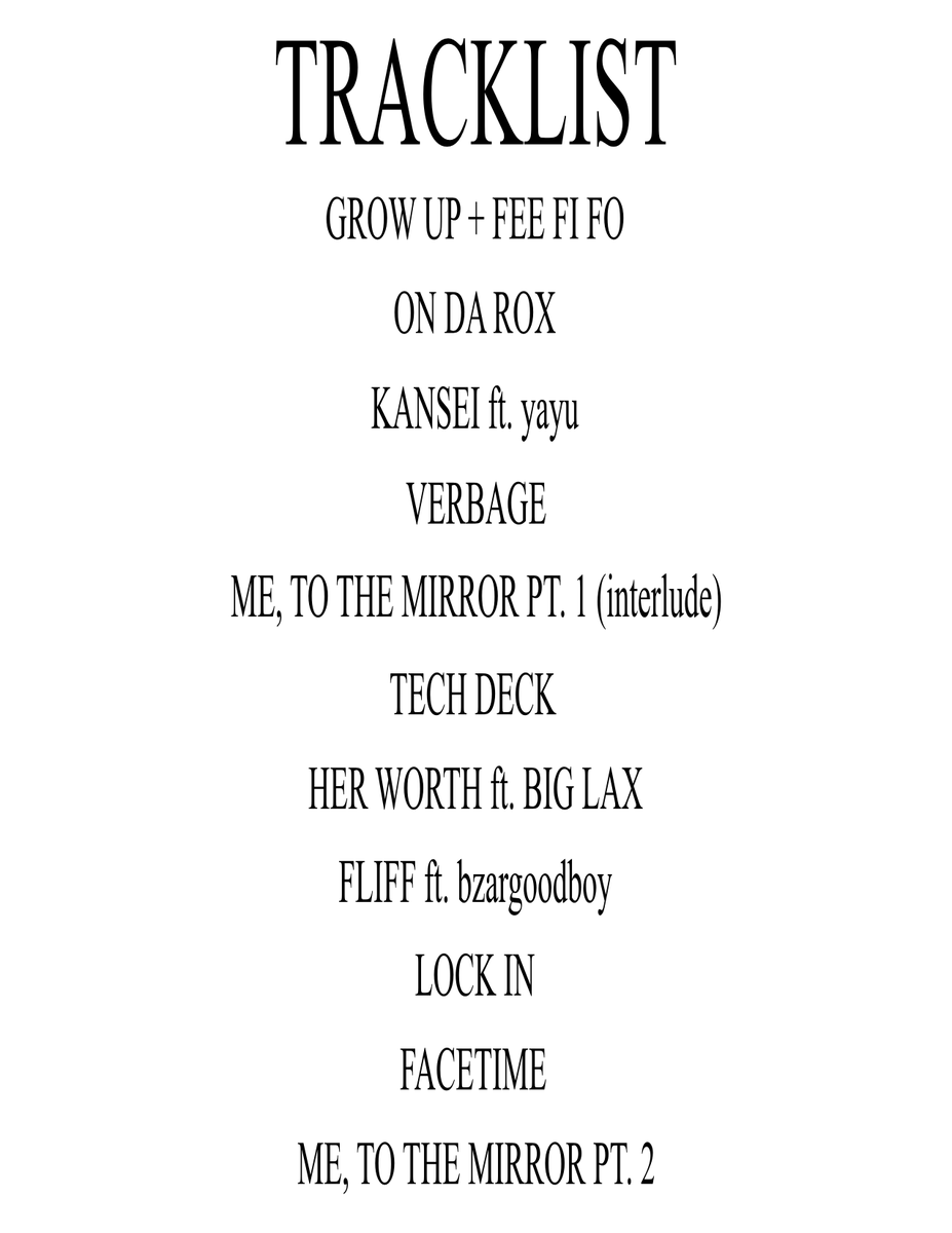 Here is the track list for my upcoming Mixtape
  
「Me, to The Mirror」  

The album drops on June 14, 2024  

Also, here is a pre-save link for the album as well.  

distrokid.com/hyperfollow/ca…