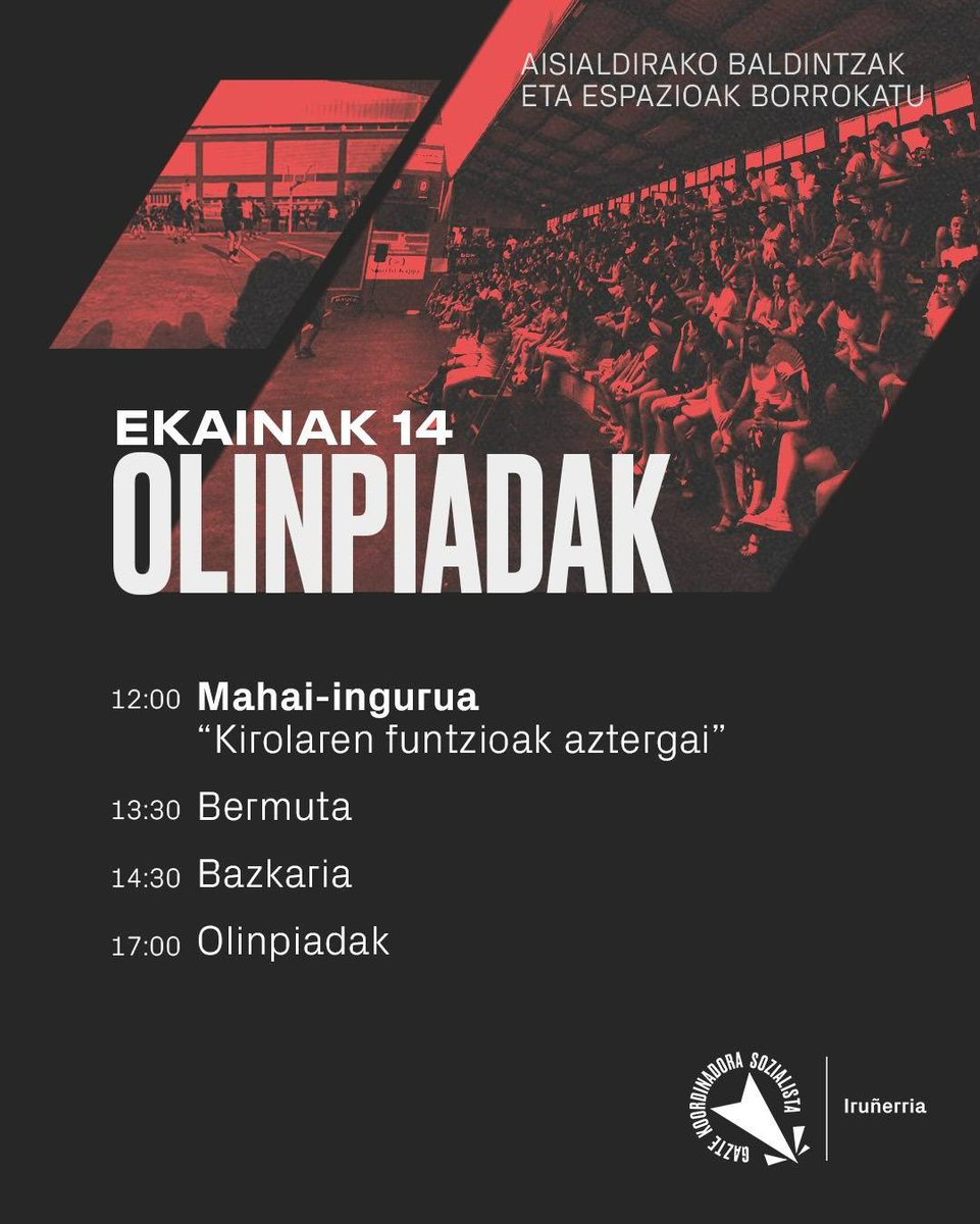 GKS_Irunerria's tweet photo. Hona hemen gazte langileok ditugun aisialdirako baldintzak eta espazioen falta salatzeko antolatu dugun olinpiaden egitaraua. Bertan, kirolaren funtzioez hausnartzeko eta kirol jarduera ezberdinez disfrutatzeko aukera izango dugu.👇🏼

Animatu eta gerturatu! https://t.co/njB0lAKQqb