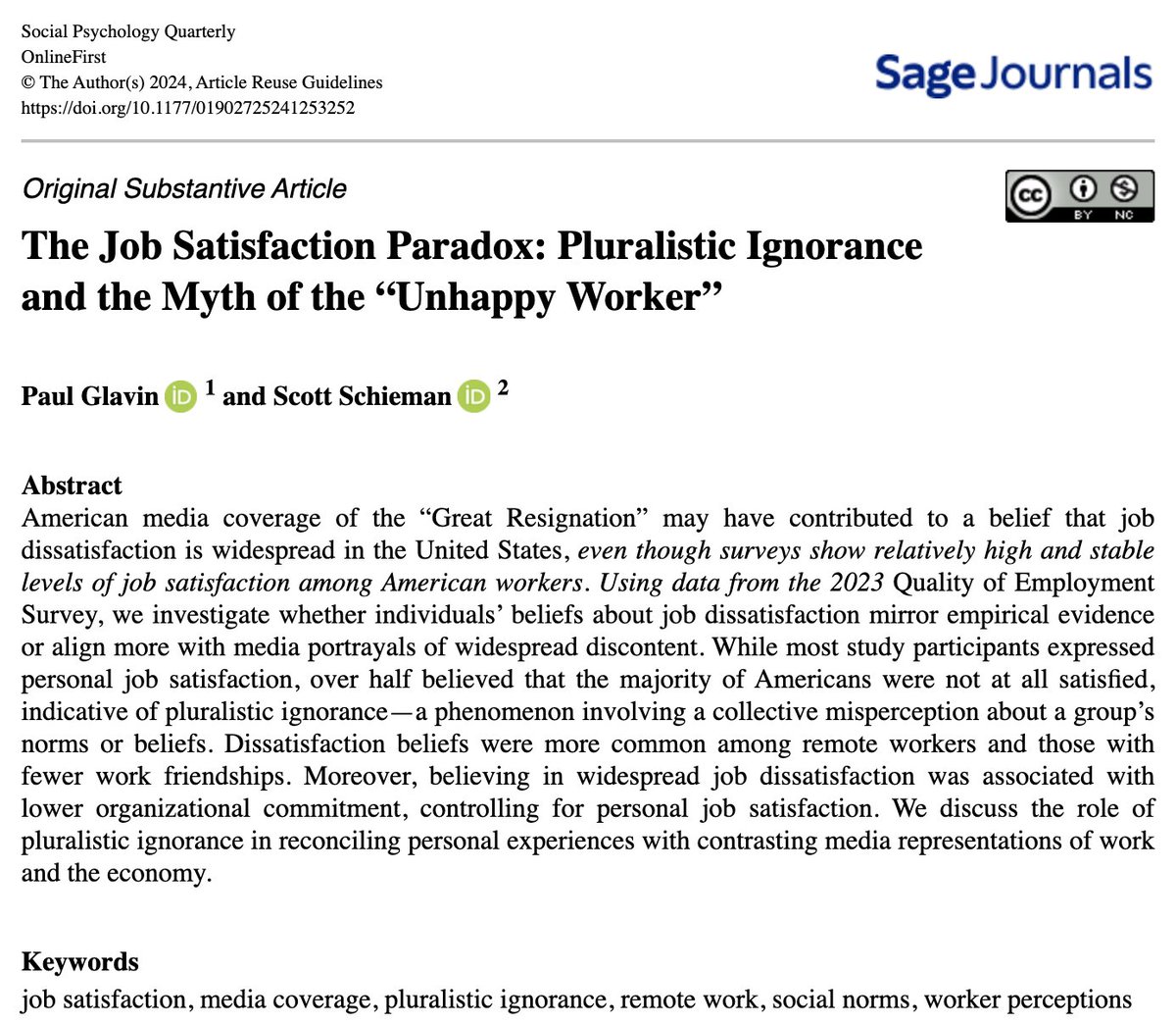 Social Psychology Quarterly (@spquarterly) on Twitter photo Check out our OnlineFirst article "The Job Satisfaction Paradox: Pluralistic Ignorance and the Myth of the “Unhappy Worker”" by Paul Glavin and <a href="/ScottSchiemanUT/">Scott Schieman</a> in #SPQ!
journals.sagepub.com/doi/epub/10.11…
<a href="/ASASocPsych/">Social Psychology Section - ASA</a> Check out our OnlineFirst article "The Job Satisfaction Paradox: Pluralistic Ignorance and the Myth of the “Unhappy Worker”" by Paul Glavin and <a href="/ScottSchiemanUT/">Scott Schieman</a> in #SPQ!
journals.sagepub.com/doi/epub/10.11…
<a href="/ASASocPsych/">Social Psychology Section - ASA</a>
