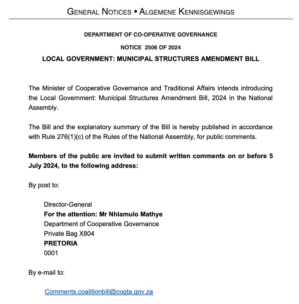 NationalCoGTA 🇿🇦 (@nationalcogta) on Twitter photo Have your say: <a href="/NationalCoGTA/">NationalCoGTA 🇿🇦</a> invites public comments on the Municipal Structures Amendment Bill, focusing on, among others, creating a framework for coalition government. Submit by 5 July 2024 bit.ly/3Vq2ef7 #localgov #localgovernment Have your say: <a href="/NationalCoGTA/">NationalCoGTA 🇿🇦</a> invites public comments on the Municipal Structures Amendment Bill, focusing on, among others, creating a framework for coalition government. Submit by 5 July 2024 bit.ly/3Vq2ef7 #localgov #localgovernment