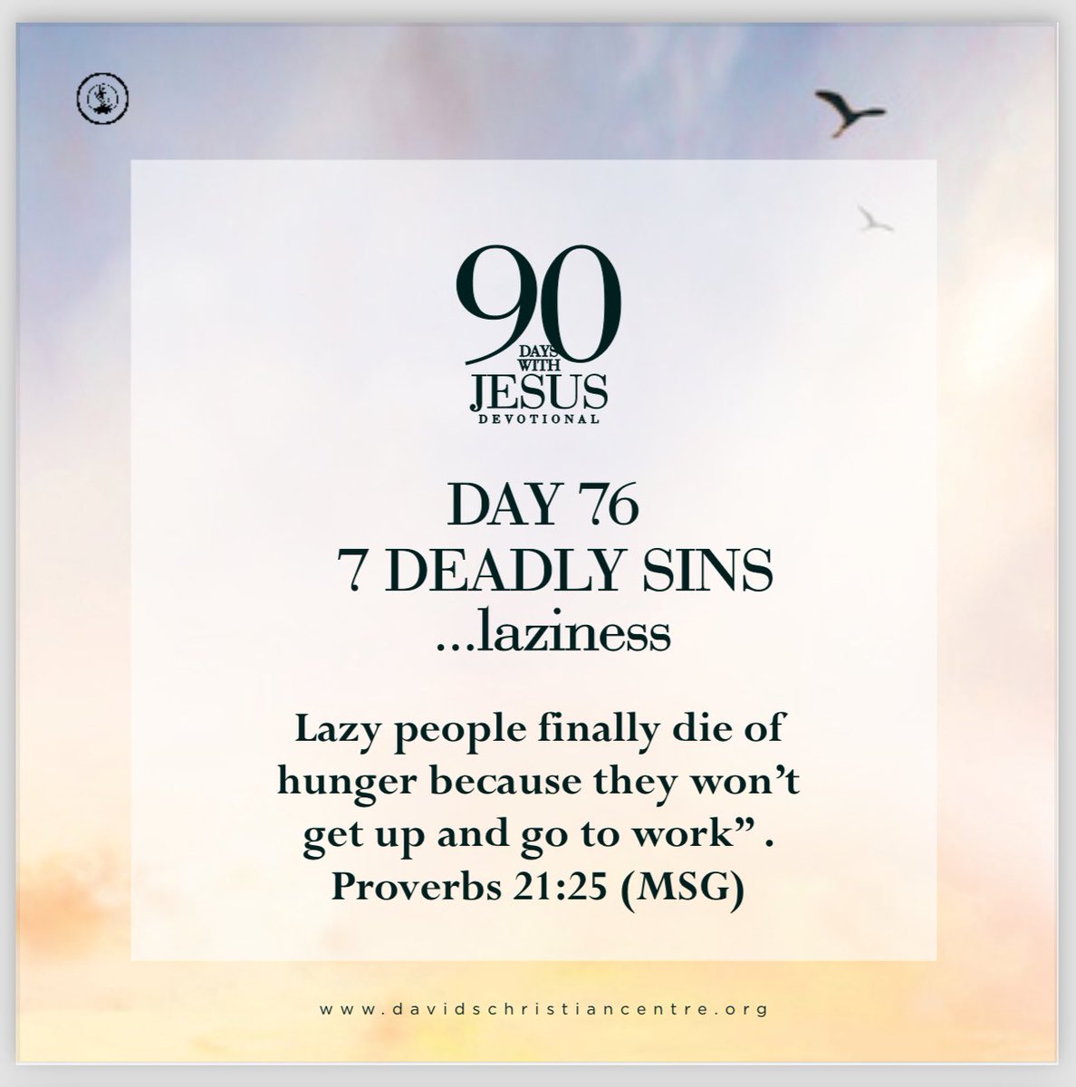 dcclagos's tweet photo. It’s Day 76 of “90 Days With Jesus!” Topic - DEADLY SINS….Laziness
Our anchor scripture is from Proverbs 21:25(MSG)
You’ll be blessed by this teaching.
You can view full video on our YouTube and subscribe to the channel- https://t.co/rKV1I5BhZl
#90DaysWithJesus https://t.co/EnLvO1HBYf