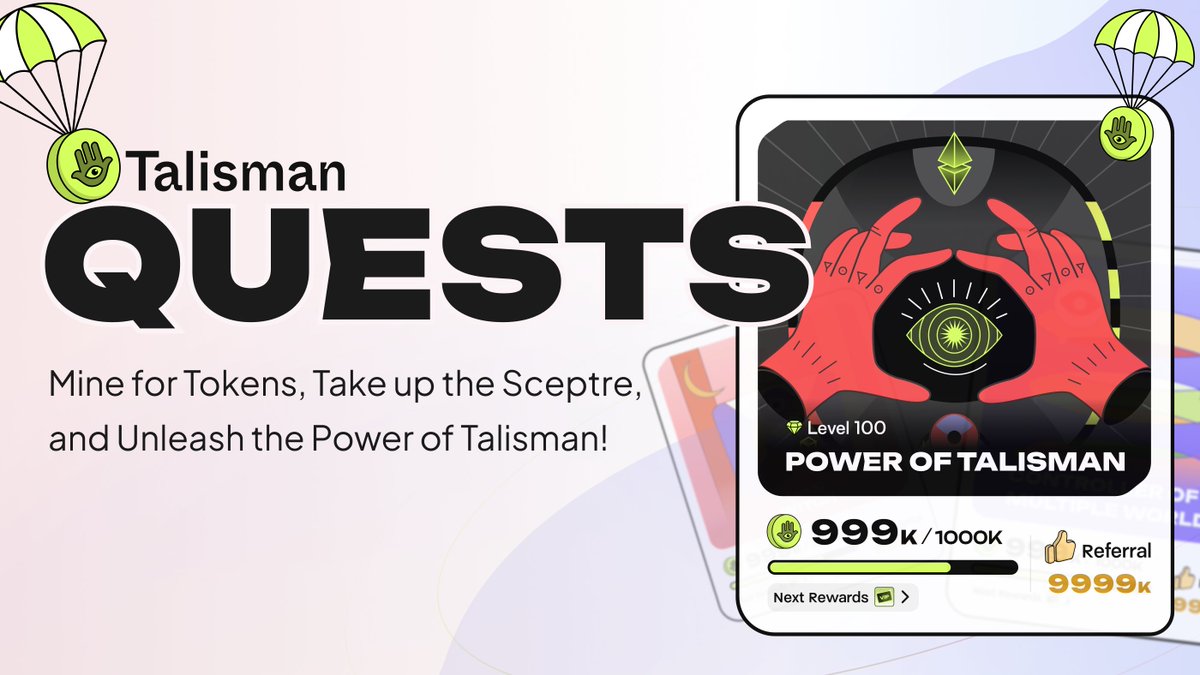wearetalisman's tweet photo. Today Talisman Quests goes live, and this time we’re kicking off our official points program!

Do you want a blazing fast multi-chain wallet, with seamless UX, and unparalleled security in your ecosystem? Read on! 🪬

If this is the first time you’re hearing about Talisman Wallet, We'll keep it Simple. We are on a mission to build the best dang multi-chain wallet that web3 has ever seen. We've actually been around since 2021, but everything has been leading to this moment. A few weeks ago we launched (in beta) Talisman Quests: An application where you can discover what Talisman Wallet has to offer, and earn rewards for trying it out.

Today Talisman Quests is launching in production, along with our official points program. The time has come to create your Quests Profile and level up by gaining as much XP as you can. Uncover the hidden story, take up the sceptre, and unlock the power of the Talisman. This is serious business, to the victor goes the $spoils.

Ranks and Points
Talisman Quests will contain a many twists and turns as well as a hidden story to discover when you accumulate XP and rank up. Each month you’ll see a new top rank released, thus increasing the frontier as you find and seize The Sceptre, follow it to The Tower, and claim the Ultimate Power of Talisman.

There’s a few ways to earn XP and rank up in Talisman Quests:

Wallet Mining
Earn XP rewards simply by holding your favourite tokens in your Talisman Wallet

Quests (ft. Partners)
Earn XP by discovering Talisman features, completing cross-ecosystem missions, and discovering the fastest growing new projects.

Refer a Friend
Earn massive rewards by referring a friend and receiving 5% of their total XP.

About Wallet Mining
In Talisman Quests you can participate in Wallet Mining: A new incentive game of our own design where you earn XP simply for holding your favourite tokens in your wallet. Different tokens earn you different rewards, and when you Stake with Talisman you get even higher multipliers. The selected tokens which offer rewards will change on a regular basis in order to keep the game interesting so get in early to get max rewards. Simply link any accounts with balances you want credited towards wallet mining in the Talisman Quests application, and then you can start claiming your experience points. Make sure to come back and claim, otherwise you’ll miss out on rewards.

About Quests and Partners
We’re also running campaigns in collaboration with the fast growing projects and communities like @OneAnalog, @Treasure_DAO, @XAI_GAMES, and more to help you double the rewards you’re earning. Complete on-chain and off-chain actions in Talisman Quests to earn XP as well as boosted points and rewards across multiple ecosystems with impending airdrops. You’ll also discover new multi-chain applications, and awesome Talisman features that set us apart from other wallets.