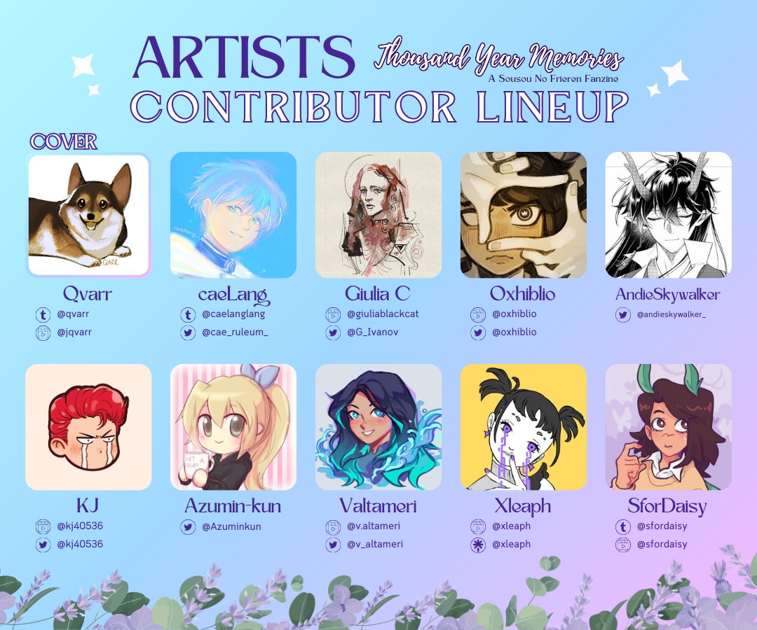 Frierenzine's tweet photo. 🪄 ARTISTS (1)
@jqvarr (~Cover Artist~) 🪄 @cae_ruleum 🪄 @G_Ivanov 🪄 @oxhiblio 🪄 @andieskywalker_ 
@kj40536 🪄 @Azuminkun 🪄 @v_altameri 🪄 @xleaph 🪄 @Sfordaisyy https://t.co/qUZQHCEoN6