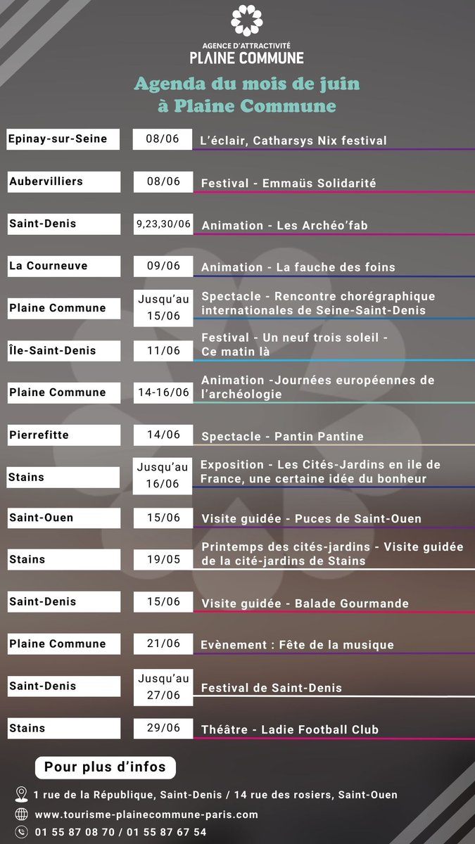 L'agenda du mois de Juin à
<a href="/PlaineCommune/">Plaine Commune</a> !

Alors que la saison des festivals bat son plein, retrouvez le programme riche des villes de Plaine Commune !

Plus d'infos ➡️ bit.ly/agendaoti[http…](bit.ly/agendaoti)

Bon mois de Juin !