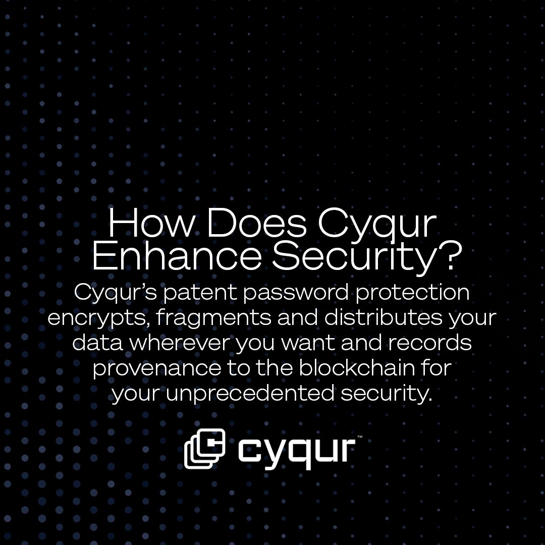 CyqurOfficial's tweet photo. Say goodbye to vulnerabilities with Cyqur’s patent password protection that encrypts, fragments and distributes your data wherever you want and records provenance to the blockchain for your unprecedented security.
#Cyqur #PatentedPasswordProtection #DataProtection #CyberSecurity https://t.co/hXzDkaj9Xg