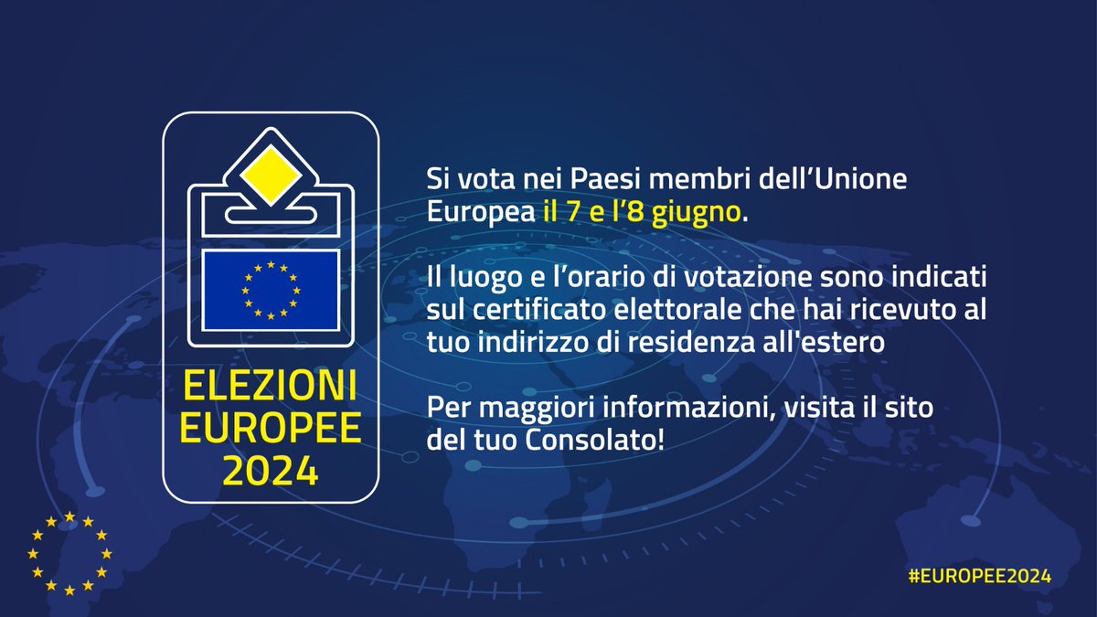 #Europee2024🇪🇺
🗳️Il 7 e 8 giugno si vota per i membri del Parlamento #UE spettanti all’Italia!
Sono ammessi al voto presso i seggi istituiti dagli uffici consolari🇮🇹 i connazionali iscritti AIRE e quelli temporaneamente all’estero che hanno presentato richiesta entro il 21 marzo