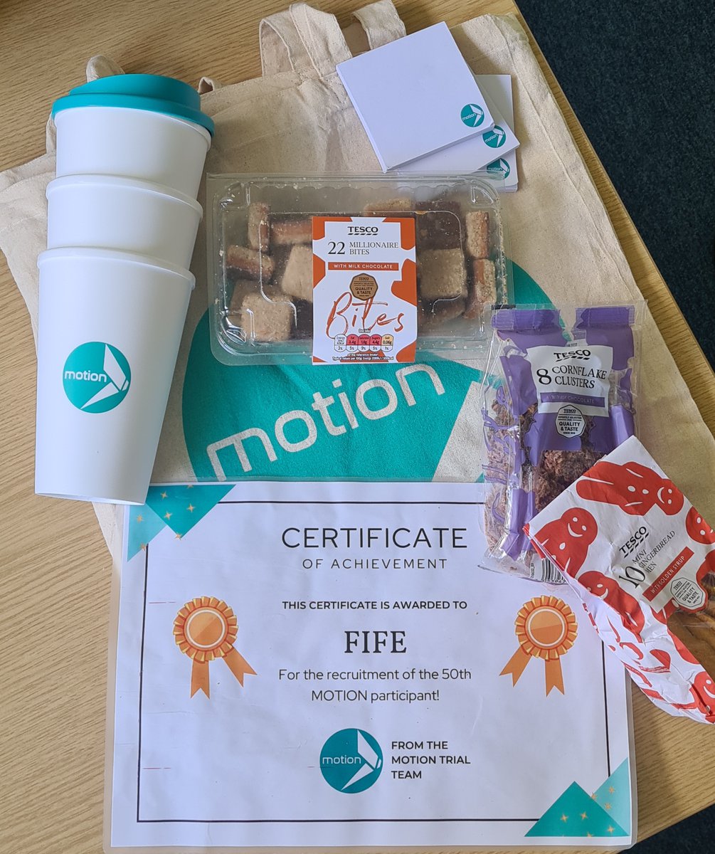 Fantastic news! Our orthopaedic team has reached a milestone by recruiting the 50th patient for the Motion trial! Kudos to our amazing team, and a big thank you to <a href="/MOTIONTrial/">MOTION Trial</a> team for the special goodies. Exciting times ahead! #orthopaedicresearch <a href="/nhsfife/">NHS Fife</a>