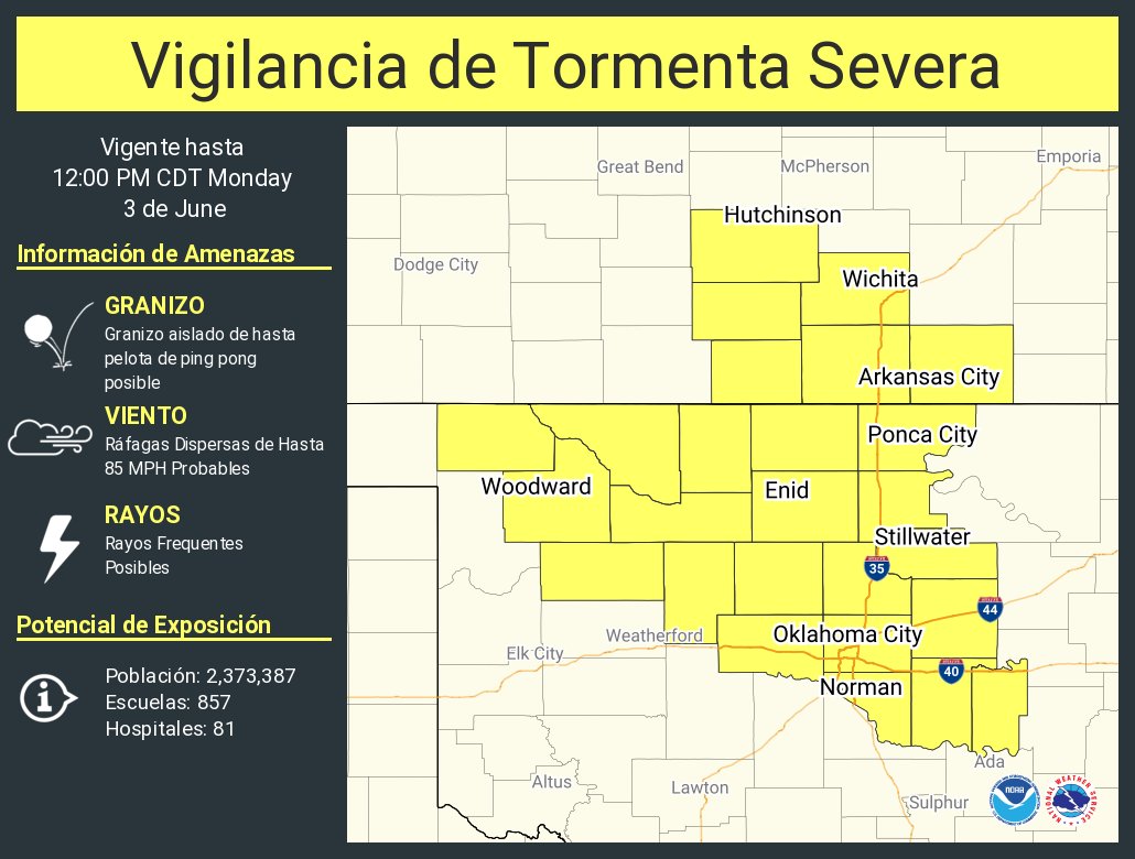 Vigilancia de Tormenta Severa ha sido emitida para partes de Kansas y Oklahoma hasta las 12 PM CDT