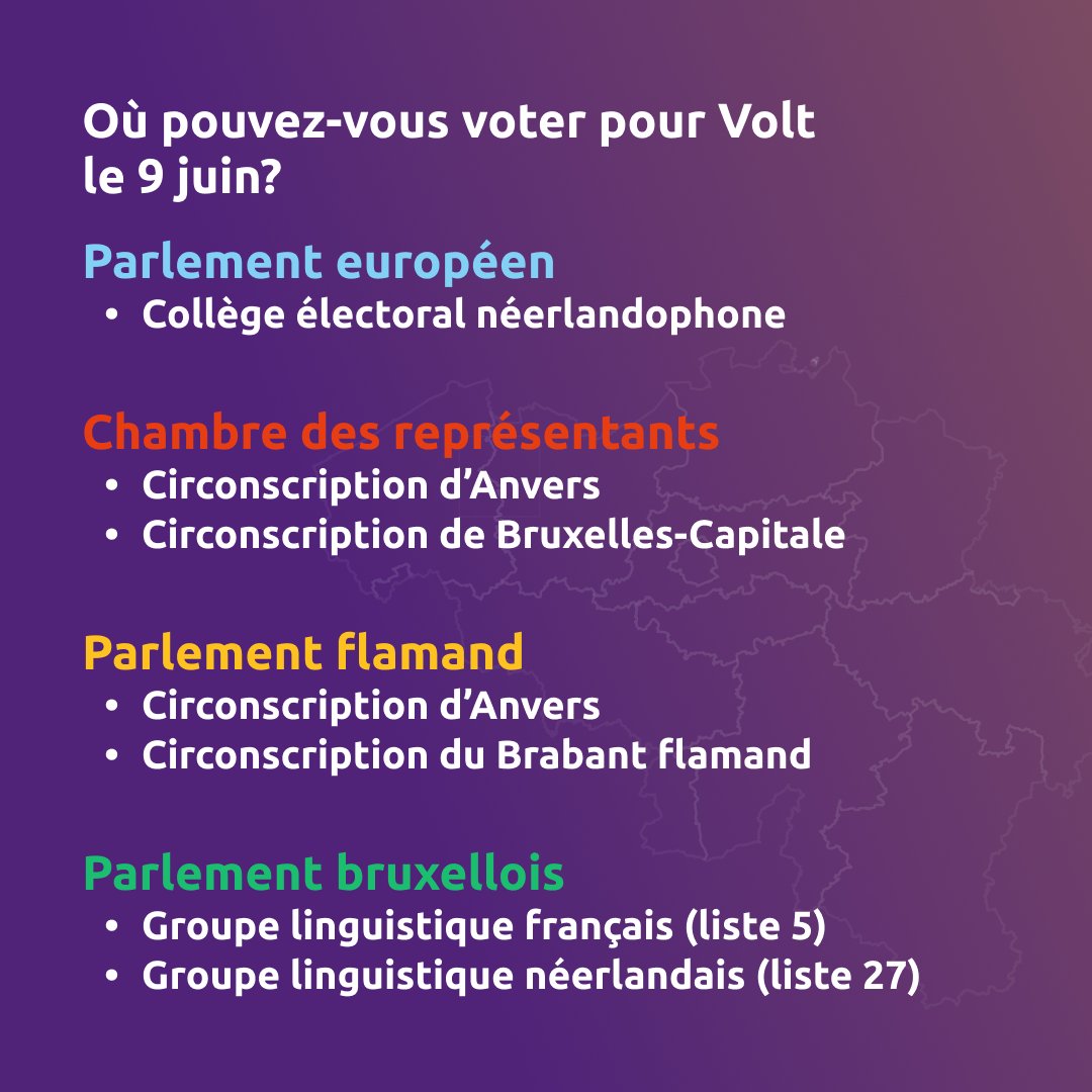 VoltBelgium's tweet photo. 🇧🇪🗳️ Waar stem ik op Volt?

➡️ Volt doet mee in verschillende kieskringen. Bezoek https://t.co/J0Jnv1yjuB om te zien op welke Europese, federale en regionale kieslijsten jij kan stemmen!

#StemVolt #StemLijst5 &amp; 27  #VoteVolt #VoltEuropa https://t.co/c0iRYxc3wT