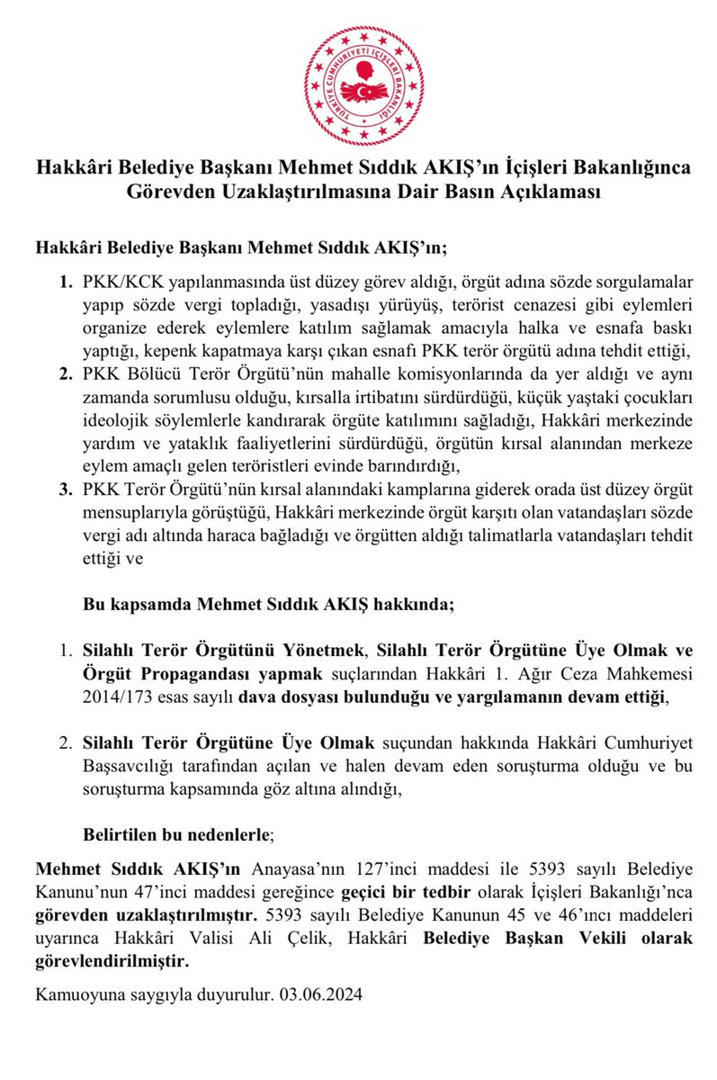 TC_icisleri's tweet photo. Hakkâri Belediye Başkanı Mehmet Sıddık AKIŞ’ın İçişleri Bakanlığınca Görevden Uzaklaştırılmasına Dair Basın Açıklaması https://t.co/TFpol4PUmz