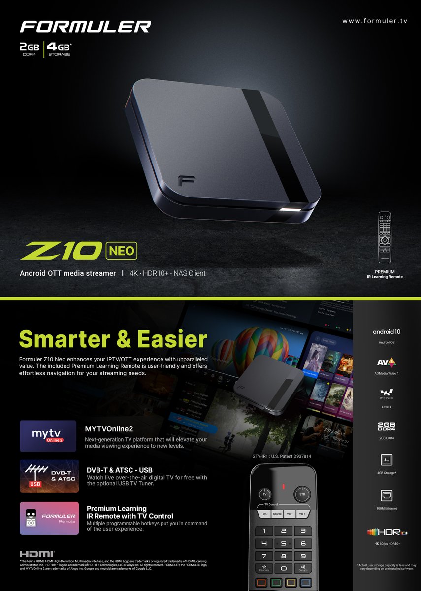 FormulerTv's tweet image. Z10 Neo improves upon the best-selling Formuler models of the past by adding the premium IR learning remote. Enjoy Formuler&apos;s exclusive MYTVOnline2 effortlessly. Contact your distributor for availability and pricing.

Visit  formuler.tv/z10-neo for more information.