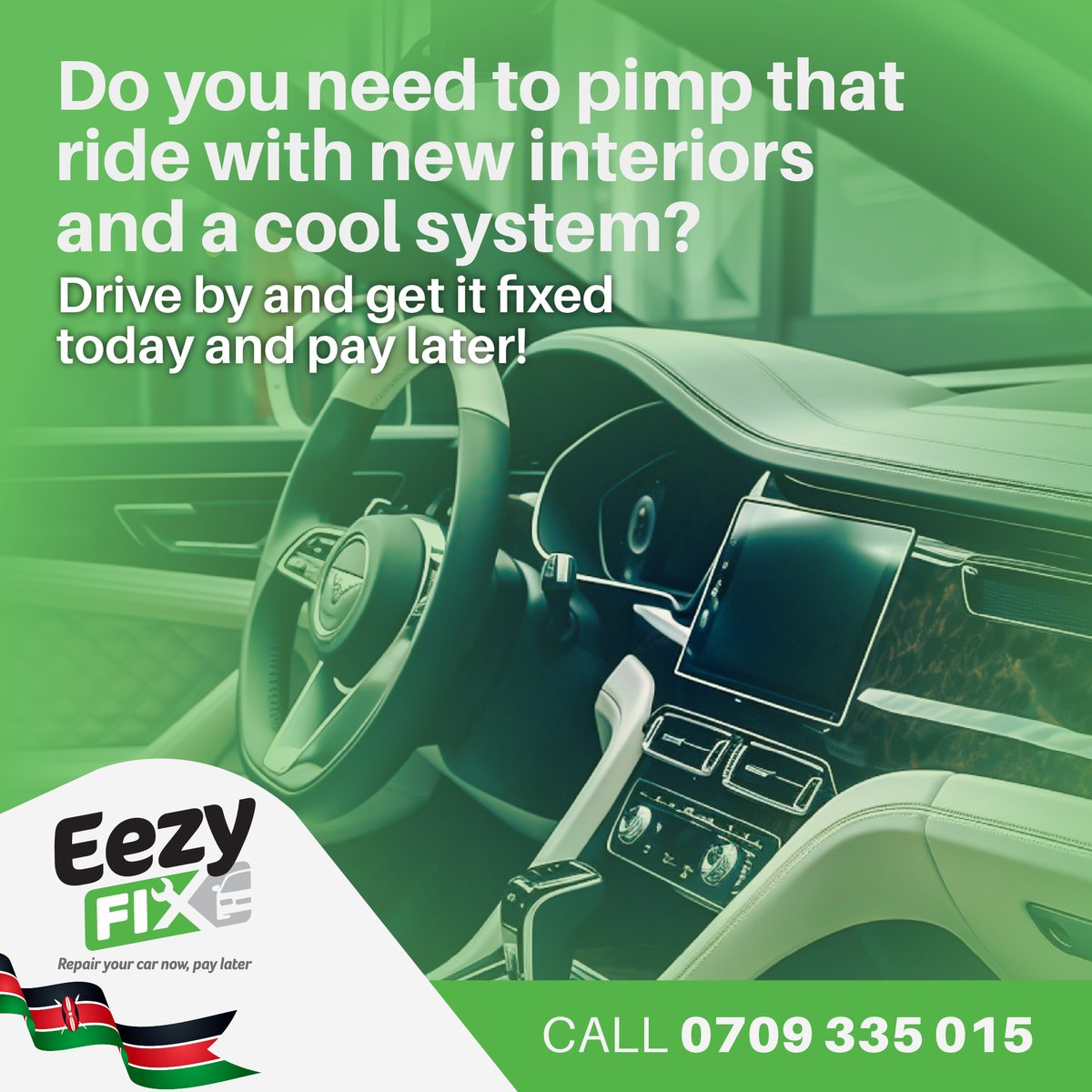Eezy_Fix's tweet photo. Spruce up your car interior now and pay later!
Contact us today!
O709 335 015

#EezyFix #MakeItEezy #FixNowPayLater https://t.co/Pn6Ik6UbTw