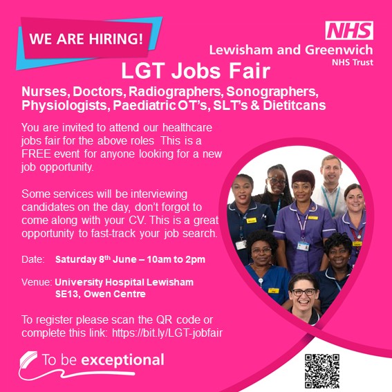 Recruitment_LGT (@lgt_recruitment) on Twitter photo After a very successful #LGT Jobs Fair last weekend we are even more excited for this weekend!
Come along this Saturday from 10am - 2pm and find out what we can offer you.
Register here 👉 bit.ly/LGT-jobfair #recruiting #jobsfair #NHS <a href="/LG_NHS/">Lewisham and Greenwich NHS Trust</a> After a very successful #LGT Jobs Fair last weekend we are even more excited for this weekend!
Come along this Saturday from 10am - 2pm and find out what we can offer you.
Register here 👉 bit.ly/LGT-jobfair #recruiting #jobsfair #NHS <a href="/LG_NHS/">Lewisham and Greenwich NHS Trust</a>