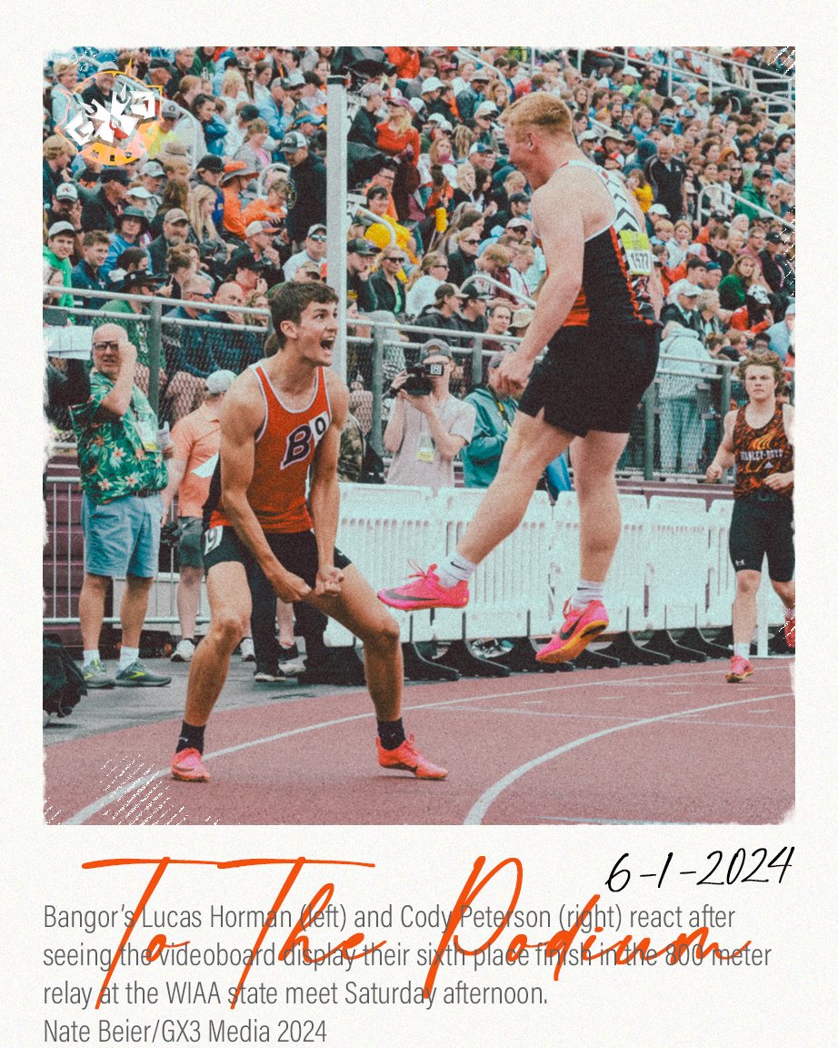 NBGX3Media's tweet photo. TO THE PODIUM
6-1-24 Bangorβs Lucas Horman (left) and Cody Peterson (right) react after
seeing the videoboard display their sixth place finish in the 800 meter
relay at the WIAA state meet Saturday afternoon.
#bangorcardinals #wistf
Nate Beier/ https://t.co/r4EpRlyaCJ 2024 https://t.co/LmBegLL31p