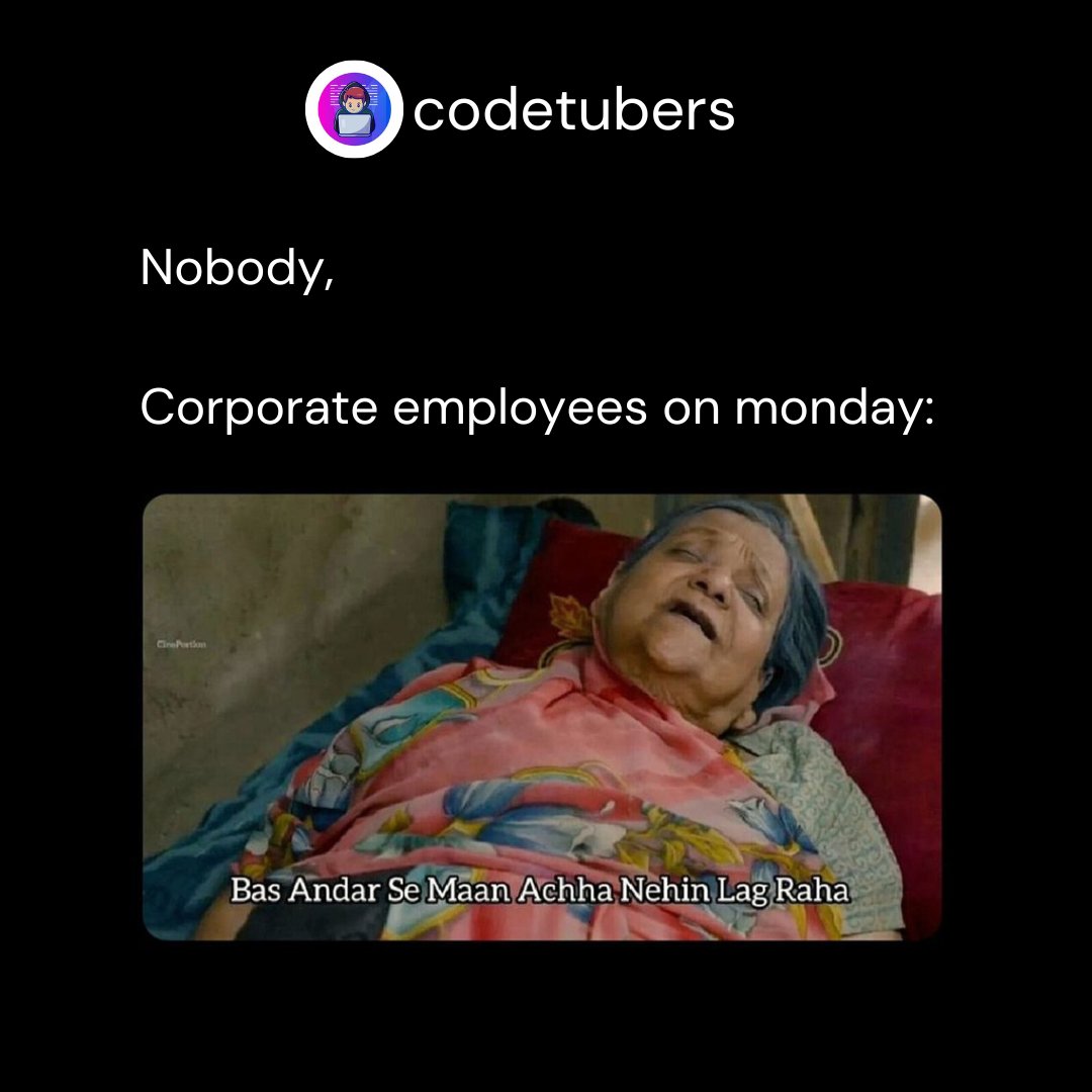 CodeTubers's tweet photo. How's the Monday going guys!!

#1hourdeveloper #codetubers #senioremployee #employeedance #reels #tamilreels #malayalam #aadharanjali #managerfun #workfromhome #office #officememes #officewear #officeoutfit https://t.co/mo3HBZoCxK