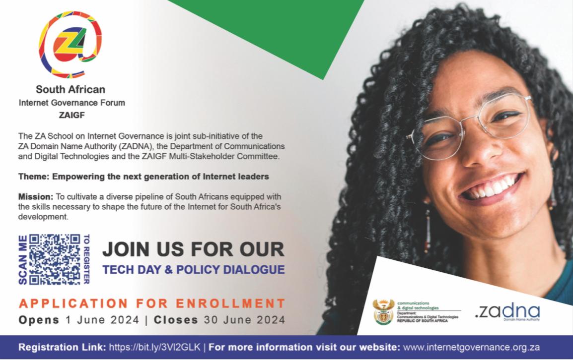 📢APPLICATION ALERT: Fellowship for the South African School on Internet Governance 2024 (ZASIG) is open.   

DEADLINE FOR THE APPLICATION: 30 June 2024  
Visit⤵️
internetgovernance.org.za  for more info. 

#ZASIG2024