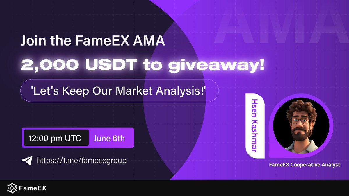 FameEXGlobal's tweet photo. 🔥 Join #FameEX Market Analysis AMA
🎁 2,000 USDT to Give Away!

⏰ 12:00 pm on June 6th (UTC)

💜 Follow @FameEXGlobal 
💜 Pre-AMA Campaign: 1,950 USDT

Complete the tasks here first 🔽 
https://t.co/jP2kAojB6I

📍 AMA Venue: https://t.co/MUx21D3lyc

#giveaway #bonus #Airdrop https://t.co/yUtgkIgycr
