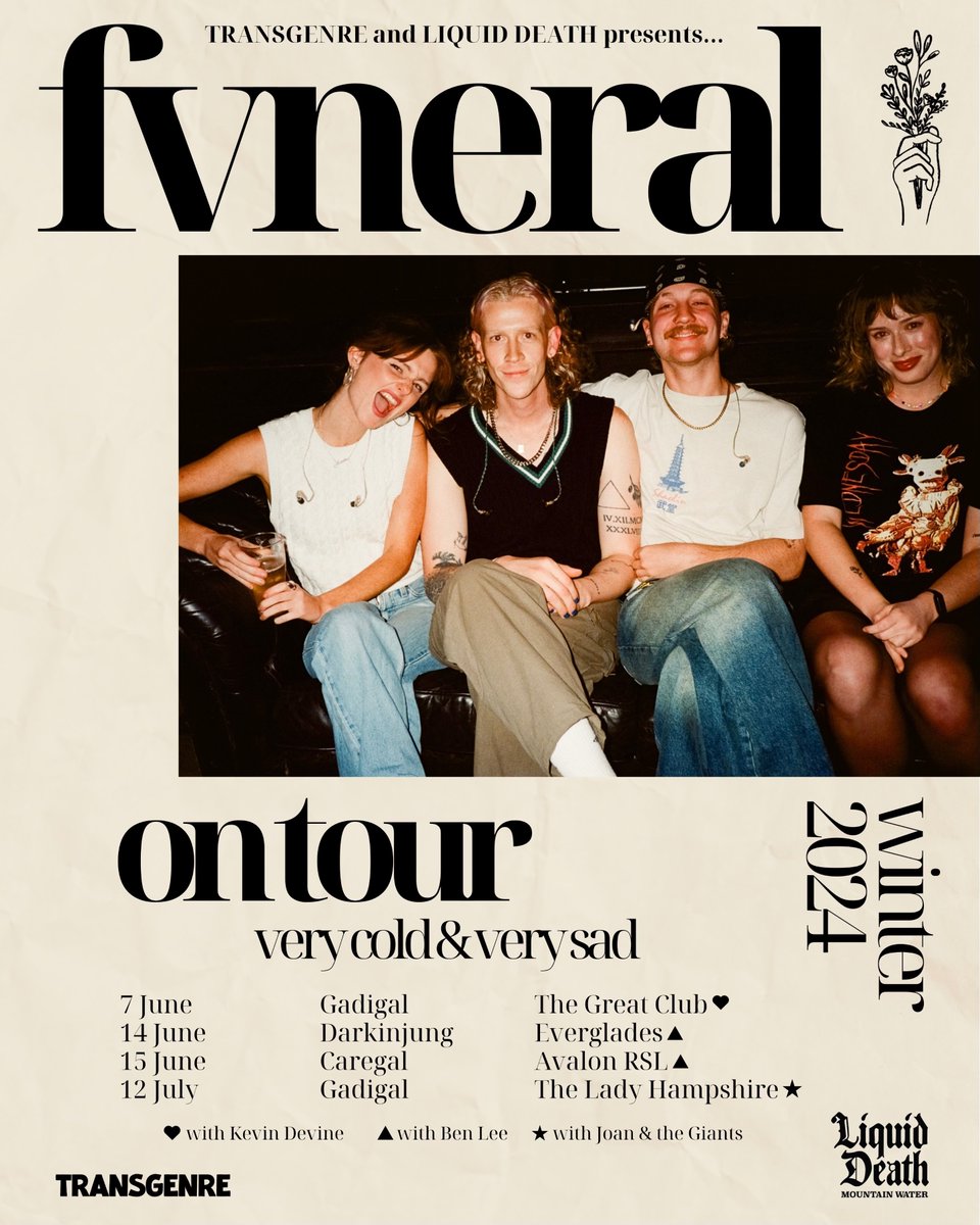 Truly couldn’t put into words how excited we are to be presenting this ✨beautiful✨ run of shows with <a href="/fvneralworld/">FVNERAL</a>!!! 🖤🥹🖤

🎟️ Tickets on sale now via transgenre.com.au 👀